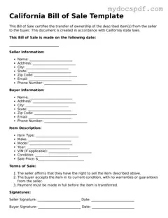 Fillable California Bill of Sale Document