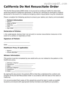 Fillable California Do Not Resuscitate Order Document