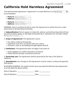 Fillable California Hold Harmless Agreement Document