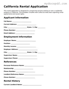 Fillable California Rental Application Document