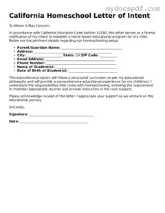 Fillable California Homeschool Letter of Intent Document