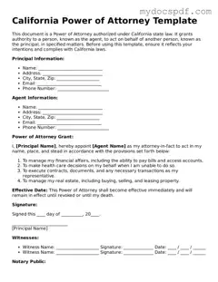 Fillable California Power of Attorney Document