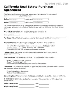 Fillable California Real Estate Purchase Agreement Document