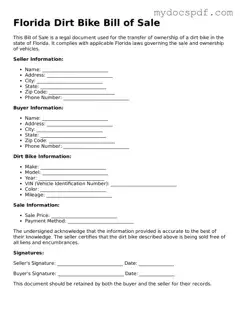 Fillable Florida Dirt Bike Bill of Sale Document
