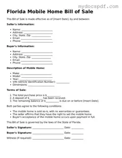 Fillable Florida Mobile Home Bill of Sale Document