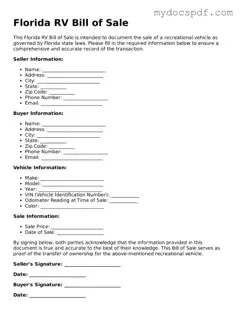 Fillable Florida RV Bill of Sale Document