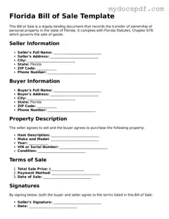 Fillable Florida Bill of Sale Document