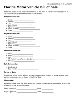 Fillable Florida Motor Vehicle Bill of Sale Document