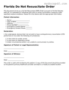 Fillable Florida Do Not Resuscitate Order Document