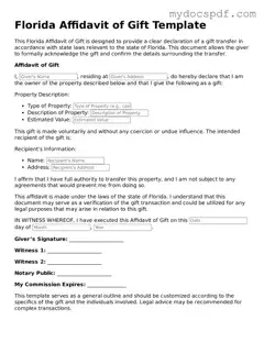 Fillable Florida Affidavit of Gift Document