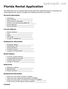 Fillable Florida Rental Application Document