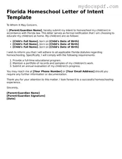 Fillable Florida Homeschool Letter of Intent Document