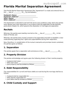 Fillable Florida Marital Separation Agreement Document