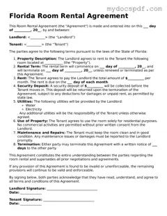 Fillable Florida Room Rental Agreement Document