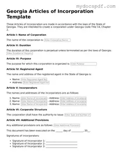 Fillable Georgia Articles of Incorporation Document
