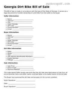 Fillable Georgia Dirt Bike Bill of Sale Document