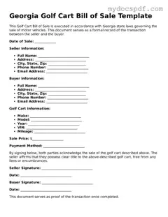 Fillable Georgia Golf Cart Bill of Sale Document