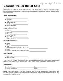 Fillable Georgia Trailer Bill of Sale Document