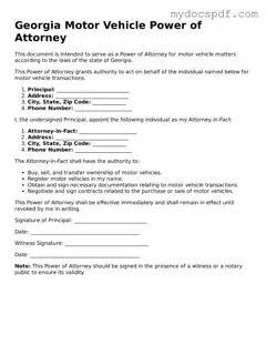 Fillable Georgia Motor Vehicle Power of Attorney Document