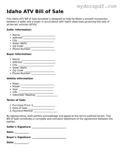Fillable Idaho ATV Bill of Sale Document