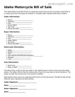 Fillable Idaho Motorcycle Bill of Sale Document