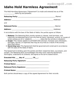 Fillable Idaho Hold Harmless Agreement Document