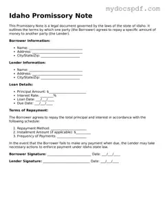 Fillable Idaho Promissory Note Document