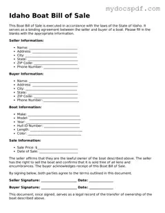 Fillable Idaho Boat Bill of Sale Document