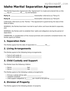 Fillable Idaho Marital Separation Agreement Document