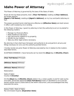 Fillable Idaho Power of Attorney Document