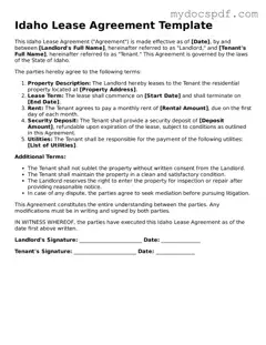 Fillable Idaho Lease Agreement Document