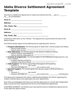 Fillable Idaho Divorce Settlement Agreement Document