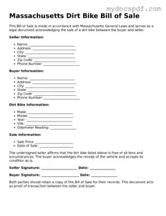 Fillable Massachusetts Dirt Bike Bill of Sale Document