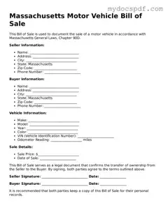 Fillable Massachusetts Motor Vehicle Bill of Sale Document