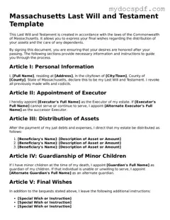 Fillable Massachusetts Last Will and Testament Document