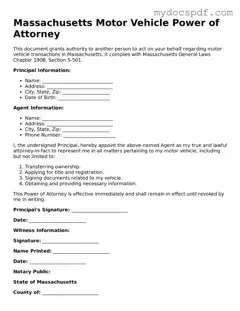 Fillable Massachusetts Motor Vehicle Power of Attorney Document