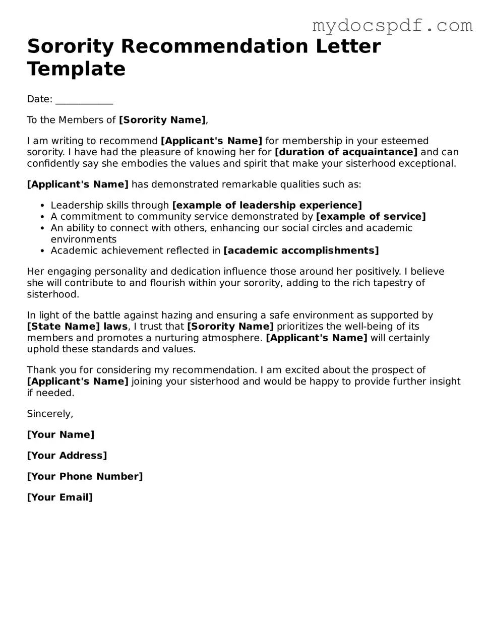 Attorney-Approved Sorority Recommendation Letter Template