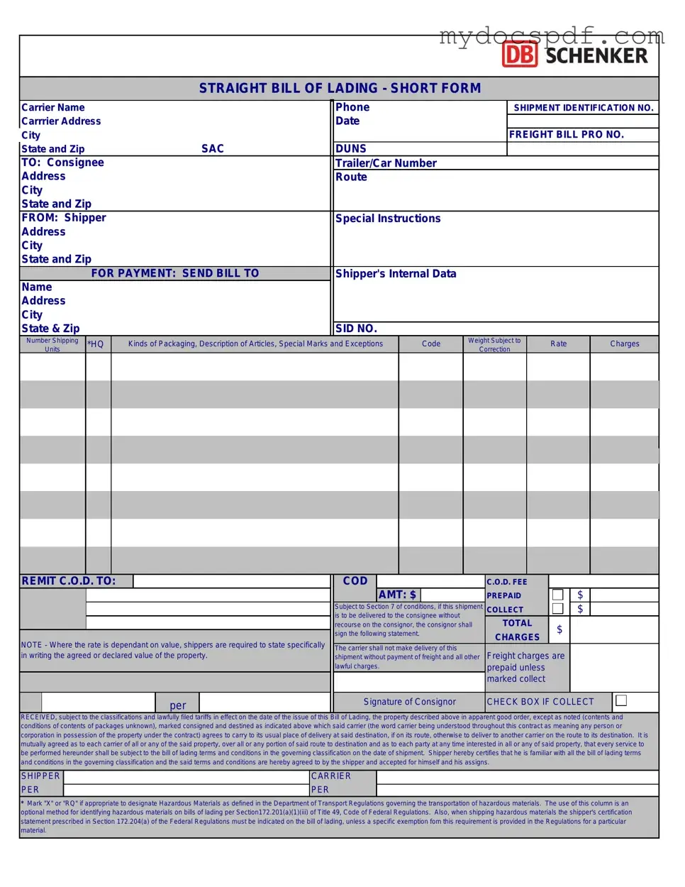 Get Straight Bill Of Lading Form in PDF