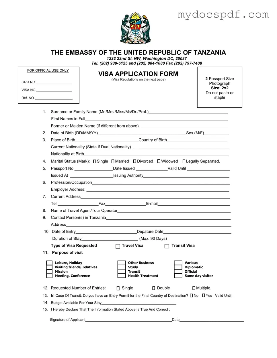 Get Tanzania Visa Applicaiton Form in PDF