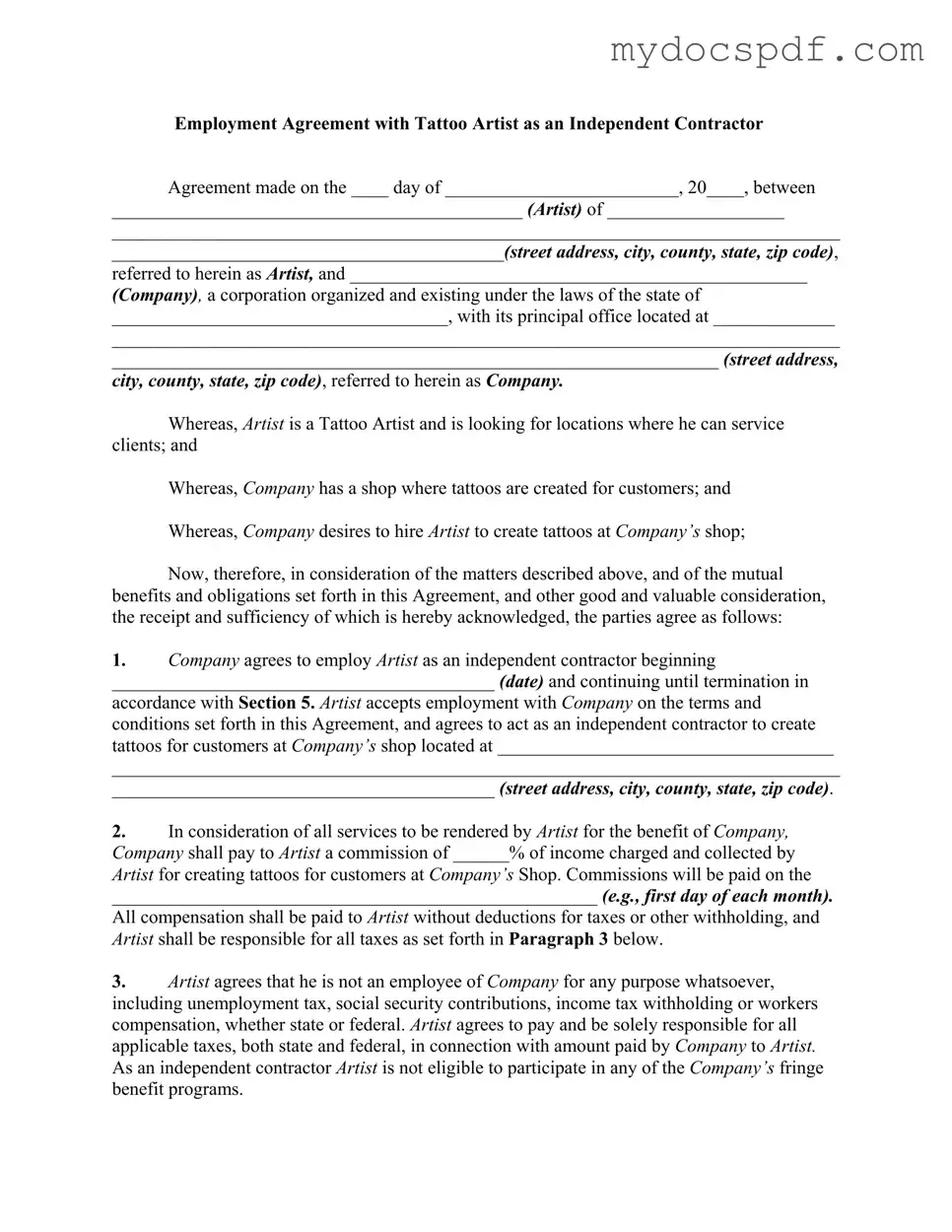 Get Tattoo Shop Artist Agreement Form in PDF