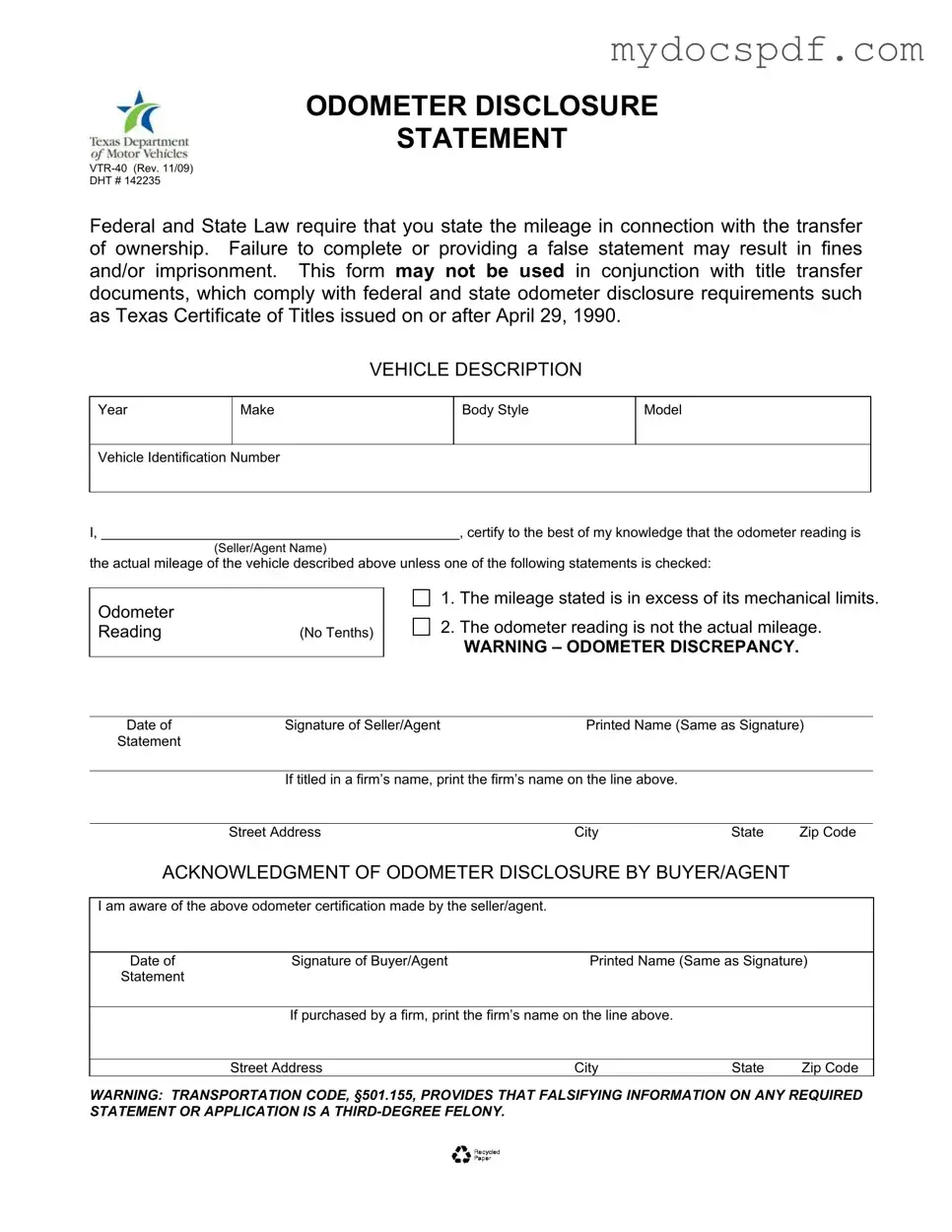 Get Texas Odometer Statement Form in PDF