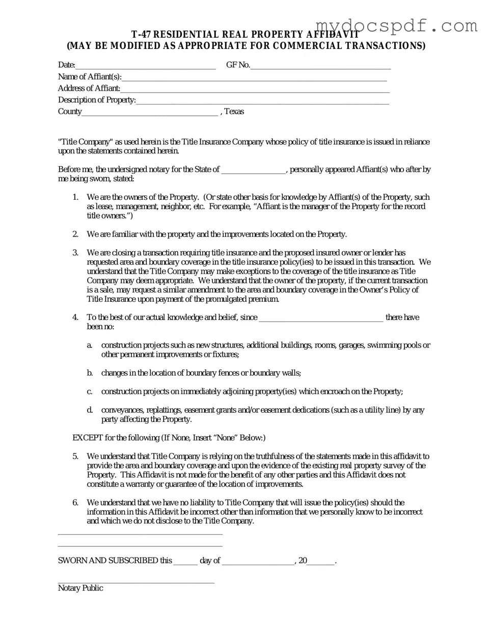 Get Texas residential property affidavit T-47 Form in PDF