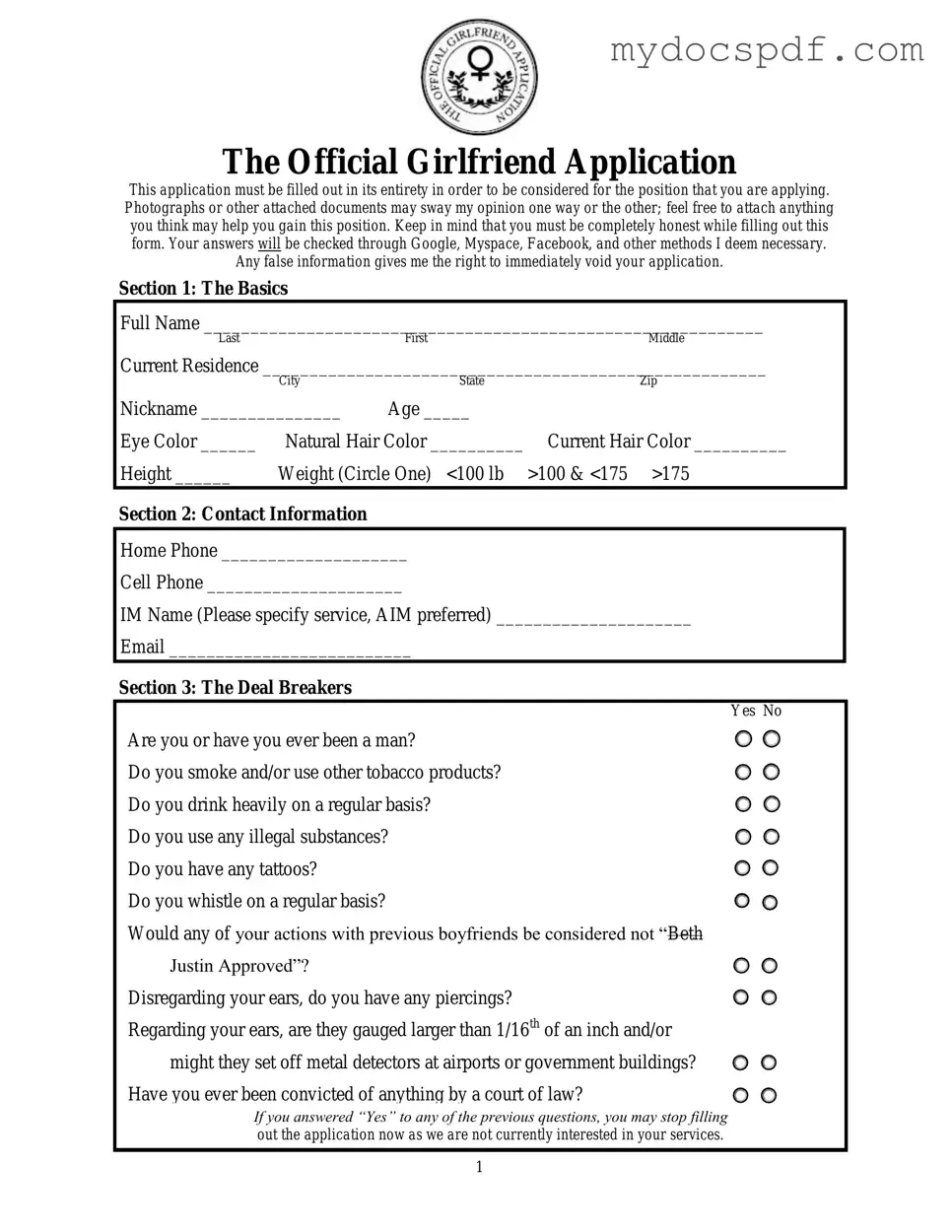 Get Girlfriend Application Form in PDF