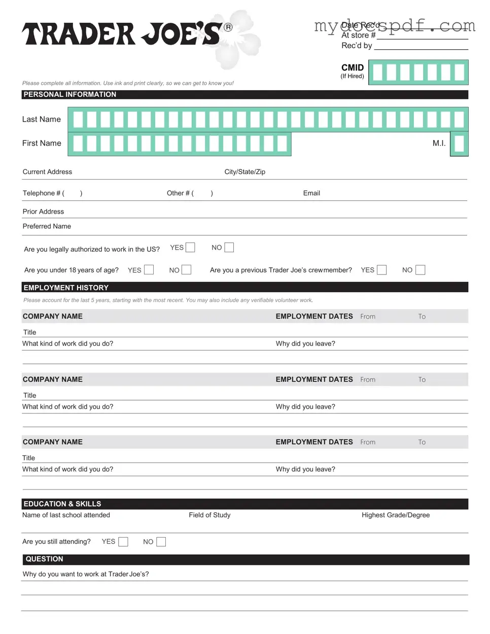 Get Trader Joe's application Form in PDF