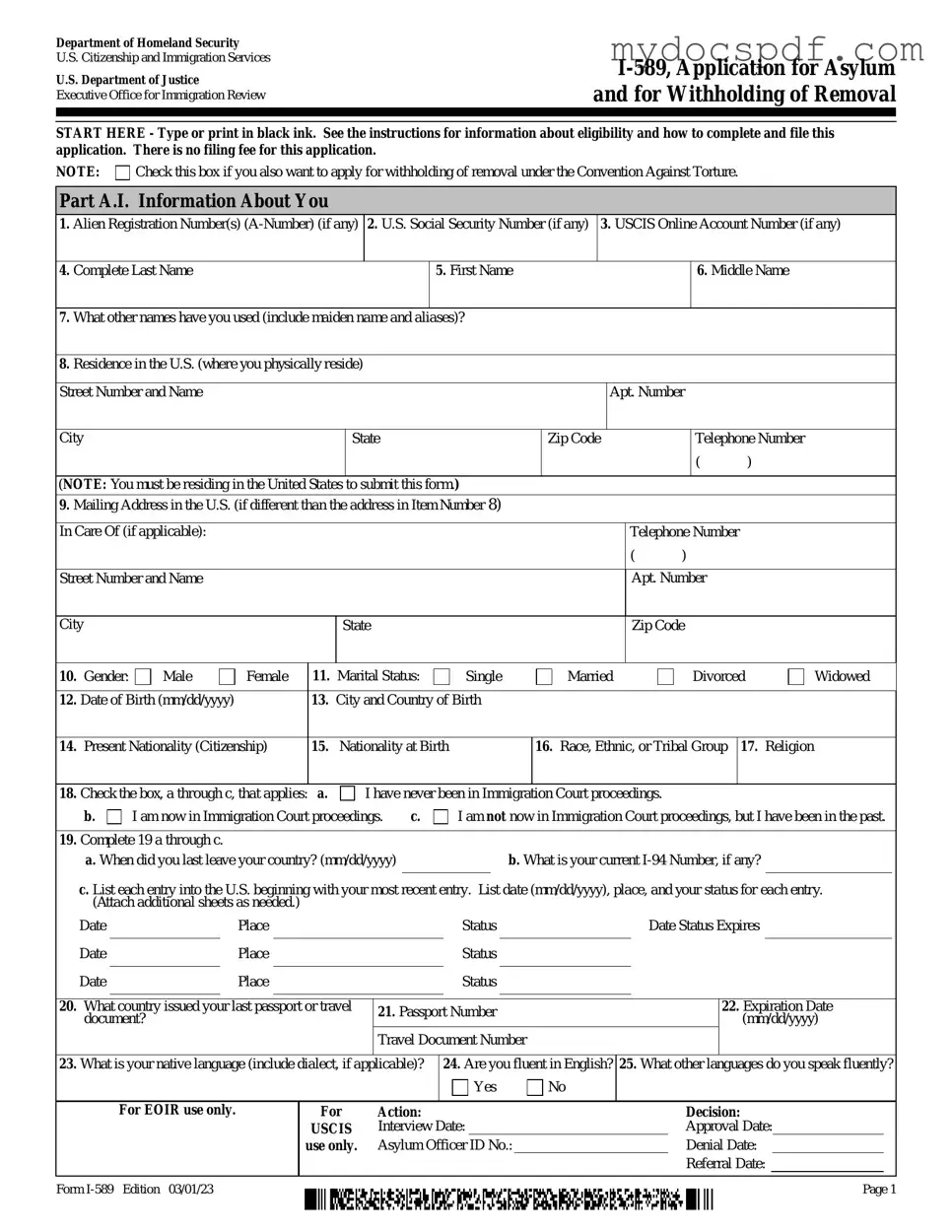 Get USCIS I-589 Form in PDF