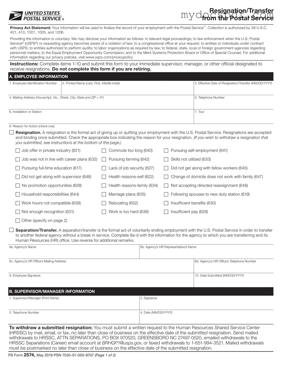 Get Usps Resignation Form in PDF