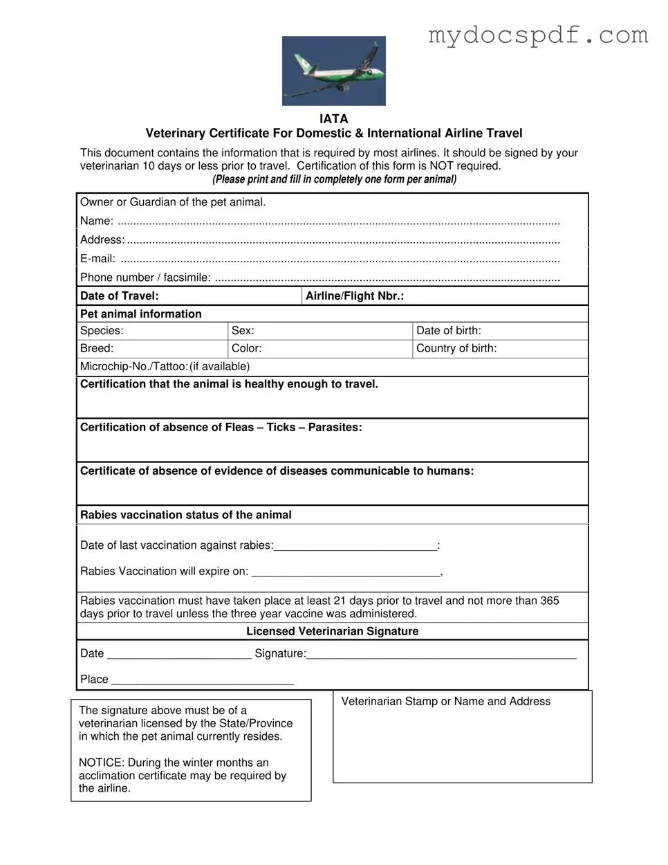 Get Veterinary Certificate Travel Form in PDF