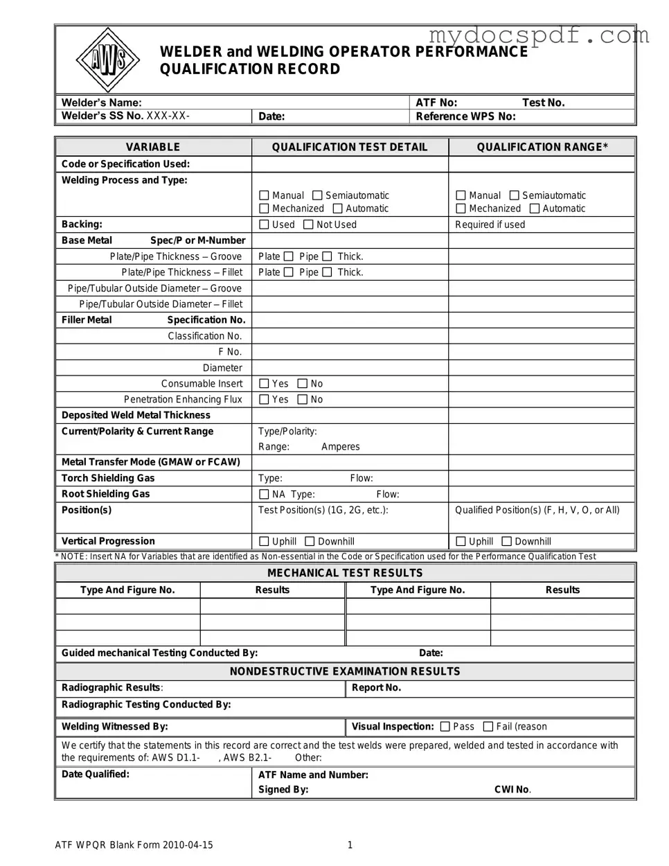 Get Welder Performance Qualification Record Form in PDF